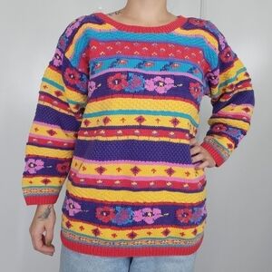 Vintage‎ Adrienne Vittadini 80s Chunky Knit Sweater Womens Large Colorful Artsy
